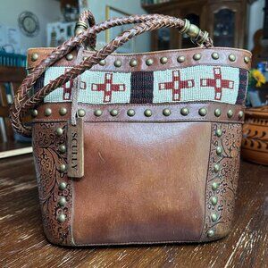 Vintage Scully Genuine Leather Beaded Crossbody Purse With Braided Strap & Stud